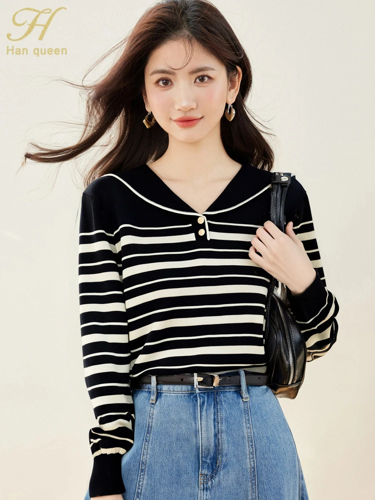 

H Han Queen New Simple Basic Striped Pullover Loose Vintage Casual Women's Sweater Korean Colorblocking Knitwear Long Sleeve Top