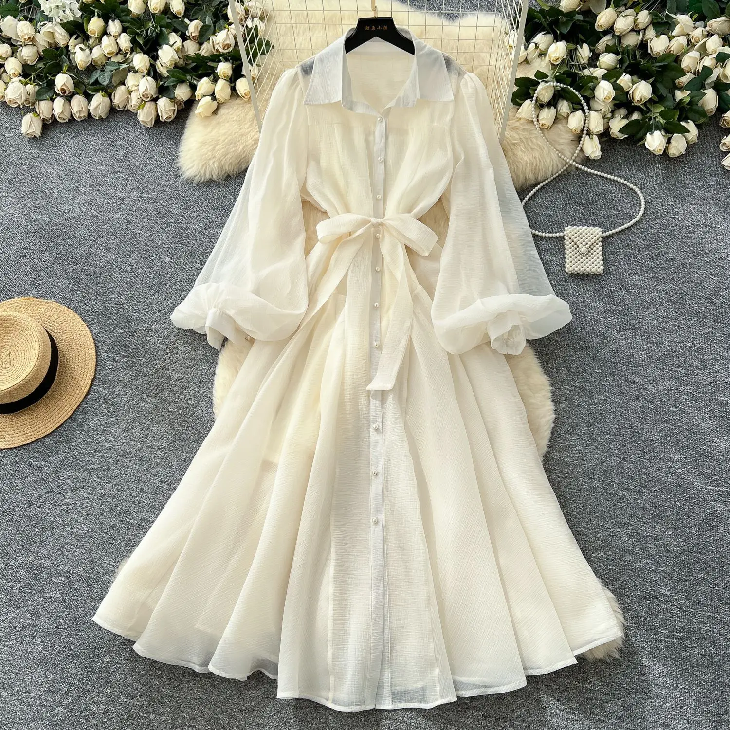 

Women Wedding Dress Y2k Dresses Casual Lace Up Lantern Vestidos Turn Down Collar Empire Cinched Waist Single Breasted Autumn