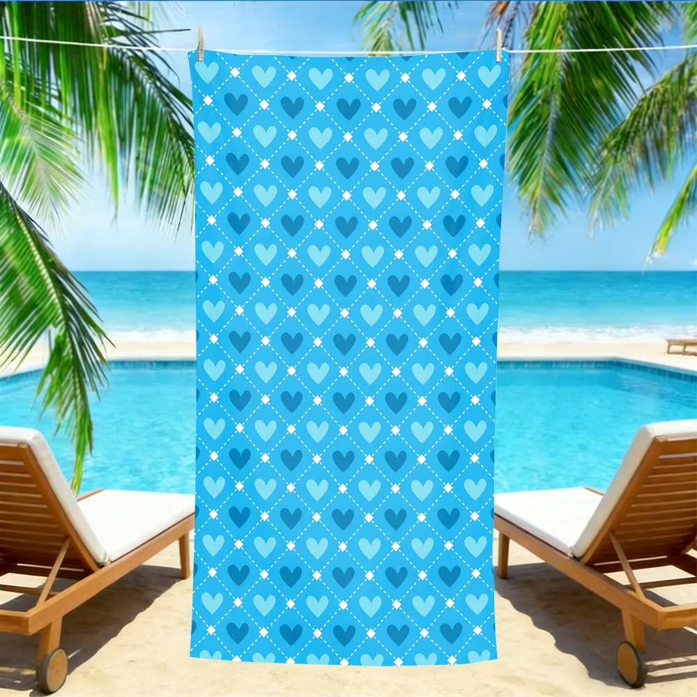 Blue Argyle Heart Beach Towel – Oversized Quick Dry Sand Free with Gradient Heart Print