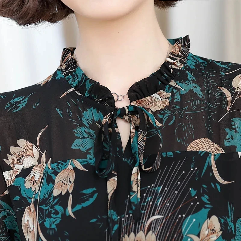 Autumn Attire Mom\'s Costume Chiffon Lotus Collar Long Printed Dress 2024 New Female Fashion Chiffon Floral Long Sleeved Dresses