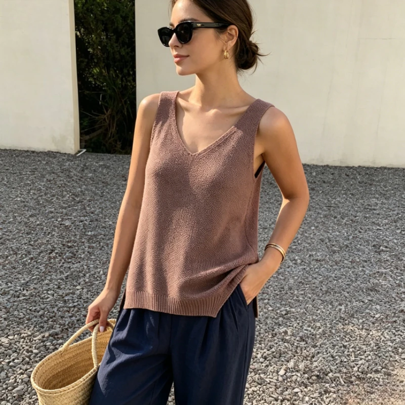 New Summer  Women's Vintage Chic Solid Sleeveless Blouse Casual Slim Fit Knit Vest O Neck Tank Elegant Office Lady Thin Tops