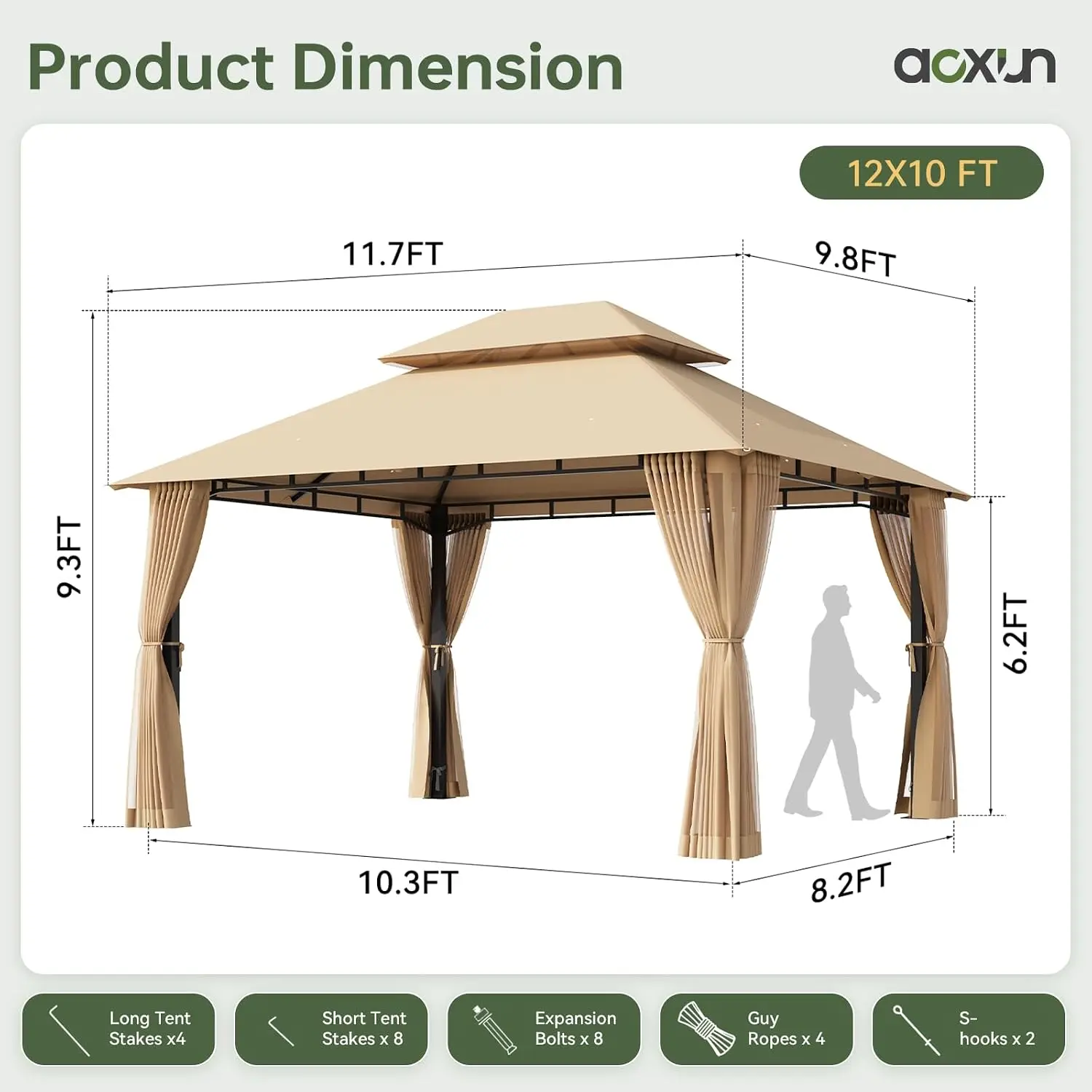 12x10 Outdoor Gazebo with Hanging Light, Beige, Customized