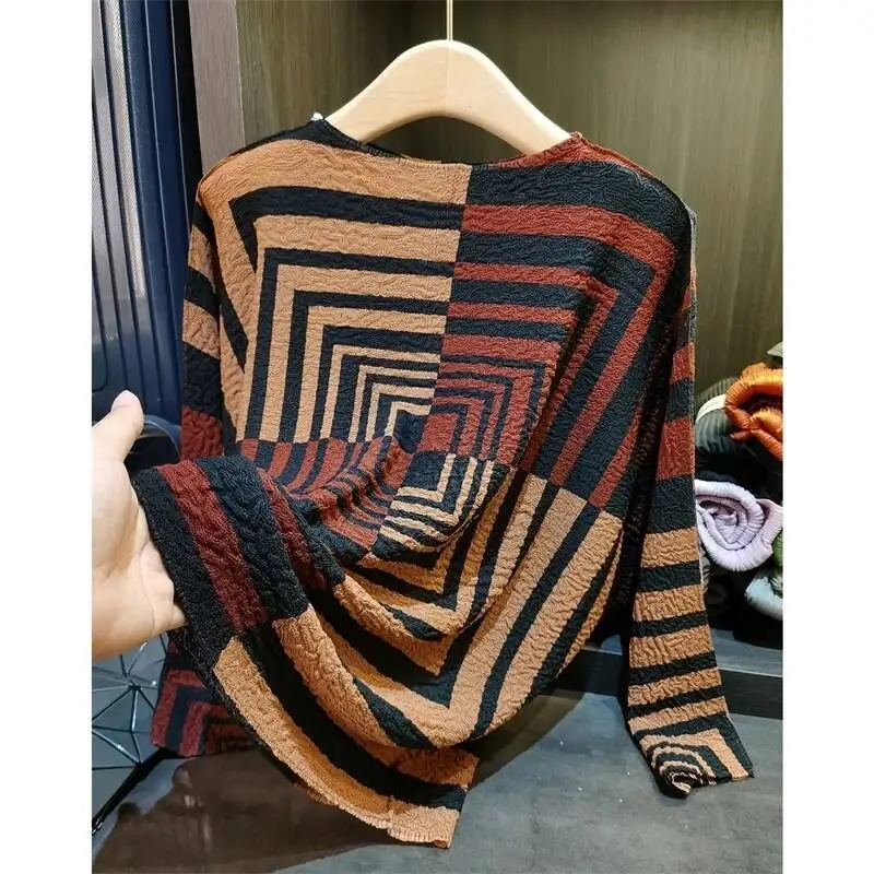 Striped Color Block Long Sleeve T-Shirt For Women New Large Size Loose Simple Casual Round Neck Pullover Top 2MP4H