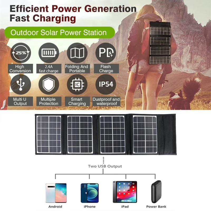 Foldable Fast Charge Solar Panel Charger USB Output 5V 100W Waterproof Backpack Mobile Power Bank for Phone Battery Solar Cells