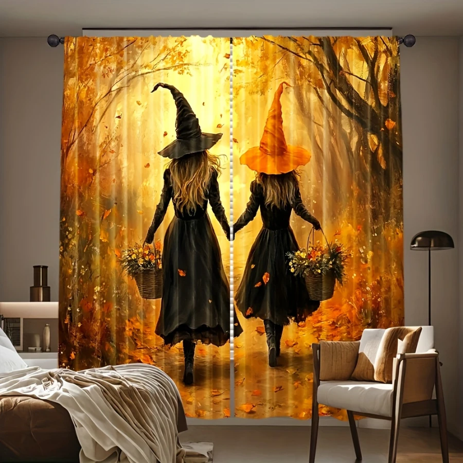 2PCS Digital Printed Curtains, Two Witches Holding Hands Autumn Forest, Golden Fall Magical Witch Halloween Window Decor Room