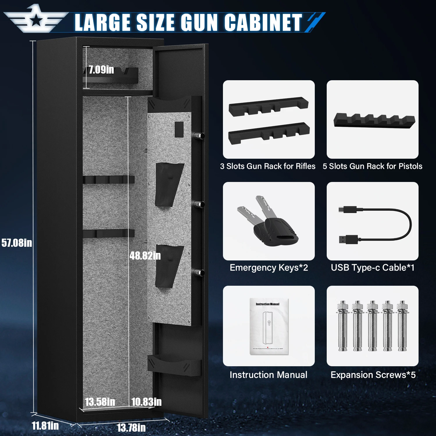 5-6 Biometric Gun Safe, Quick Access Gun Cabinets with LED Light, Gun Safe with Adjustable Gun Rack and Removable Shelf