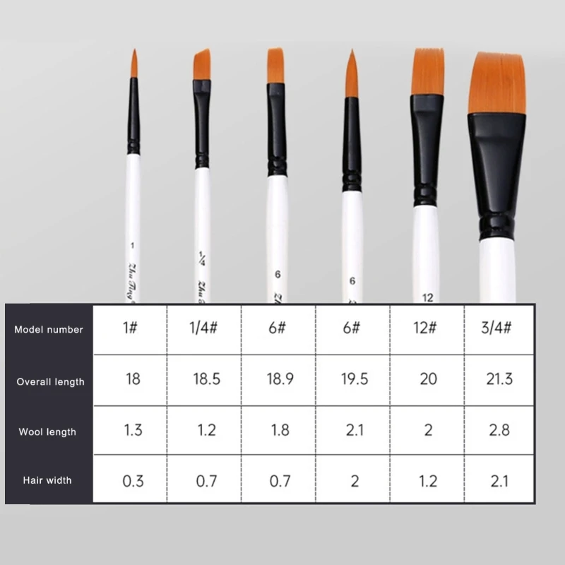 แปรงทาสีมืออาชีพ 6 ชิ้นแปรงทาสีขนไนลอนสำหรับศิลปินเริ่มต้น