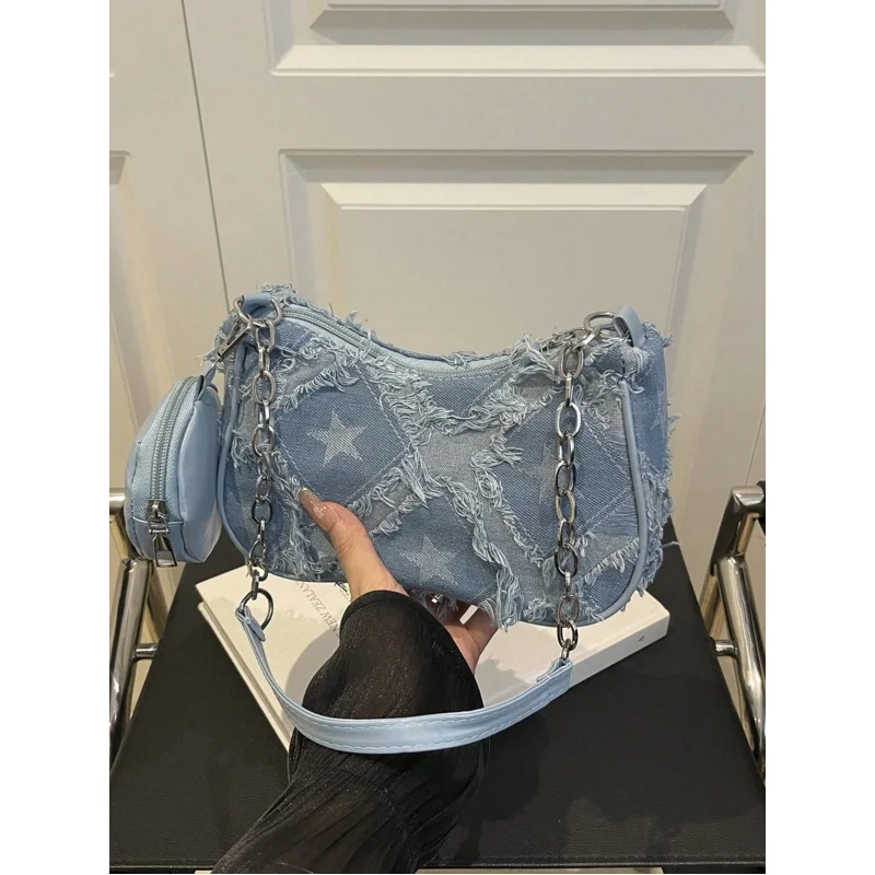 

Detail, Patchwork, Chain Strap With Mini Pouch Underarm , Women's Decorative Button Shoulder Bag, Street Fa