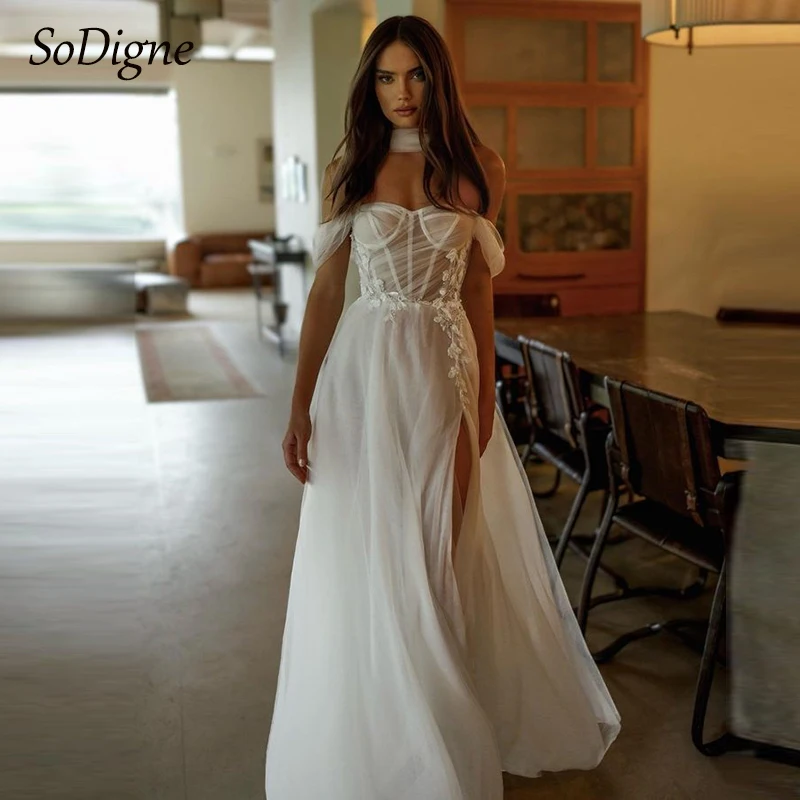 

SoDigne A-line Off Shoulder Wedding Dresses Sweetheart Appliques Tulle Bridal Dress Split Long Bride Gown vestidos de novia