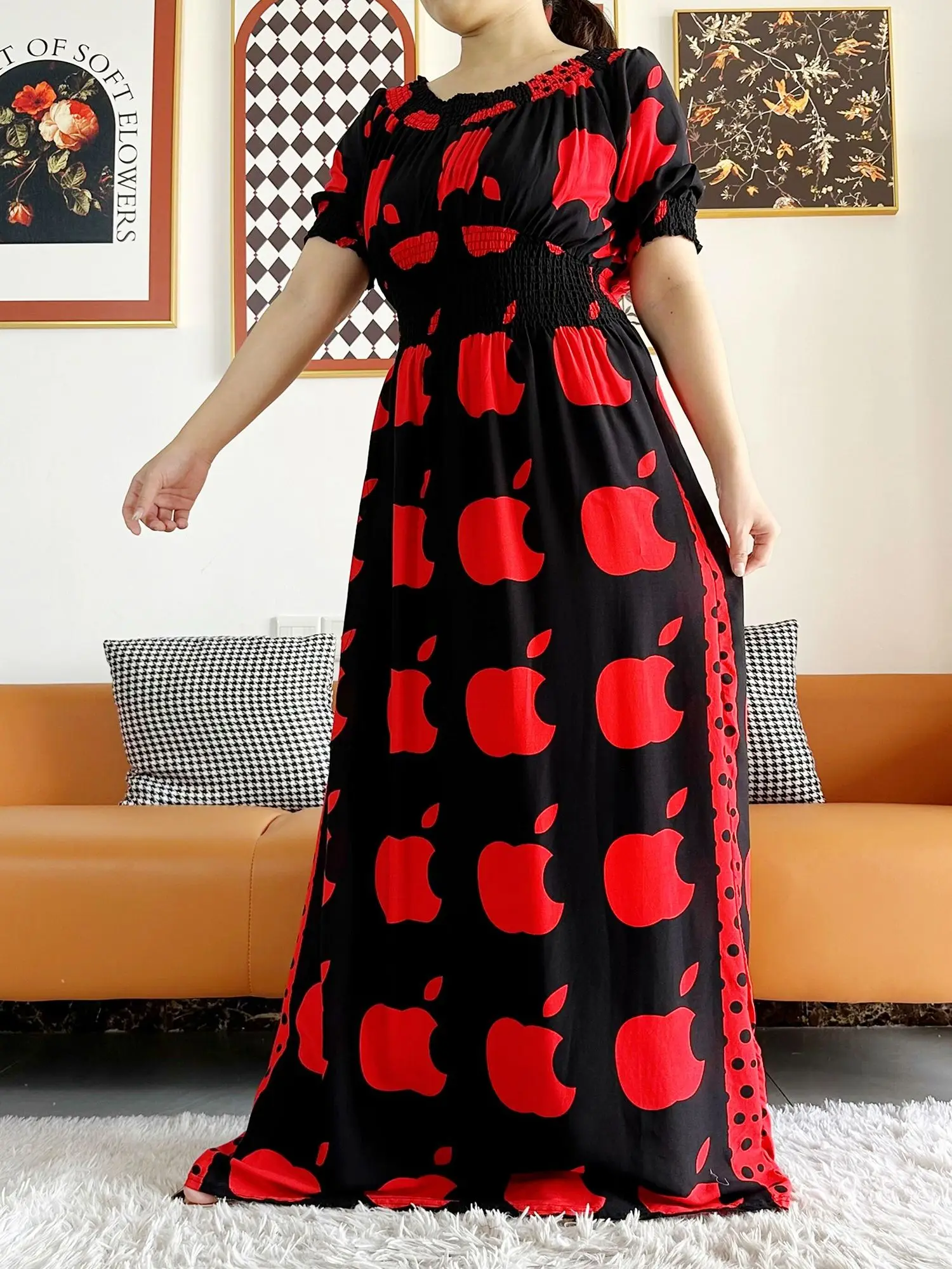 African Women Dashiki 100% Cotton Floral Dress Printing Apple Design Short Sleeve Collect Waist Straight Loose African Clothing