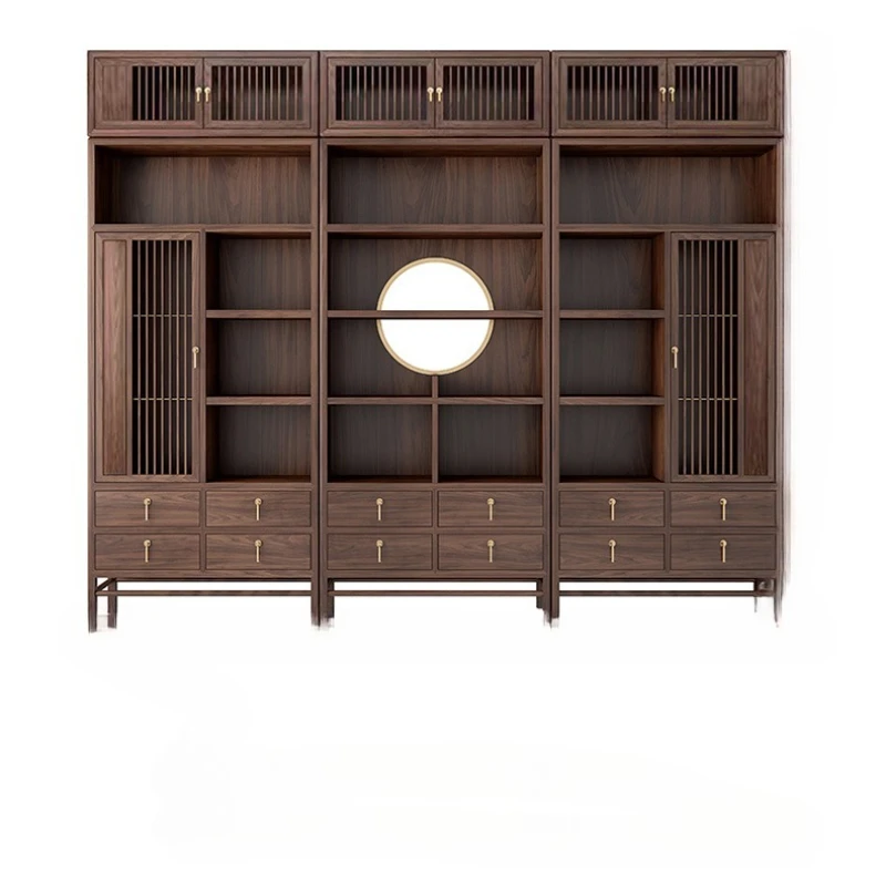 

New Chinese black walnut bookcase bookshelf combination office display cabinet locker solid wood tea room display cabinet
