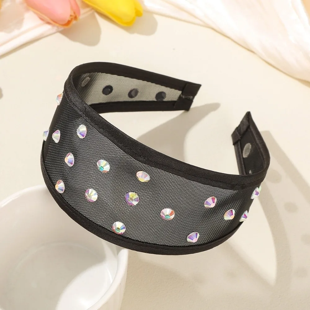 

Headwear Mesh Pearls Headband Creative Waterproof Rhinestone Wide Hair Hoop Sparkling Solid Color Black White Hairband Party