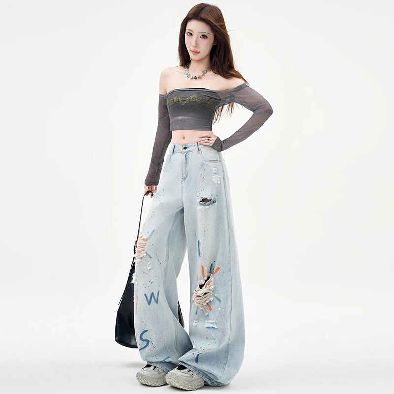 

Women's Jeans 2026 Printed Exquisite Crted Wide Leg Straight-Leg Y2K Retro Hot Girl Style High Waist