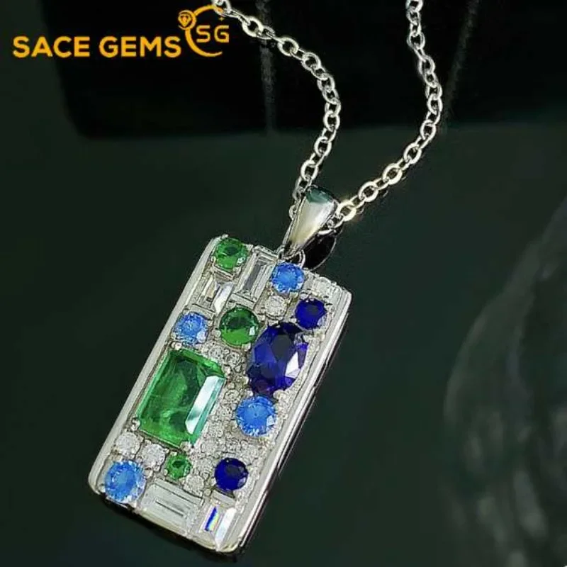 

SACE GEMS New Trend S925 Sterling Silver 5*7MM Emerald Pendant Necklaces for Womne Engagement Cocktail Party Fine Jewelry Gift