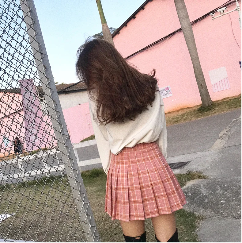 Pleated Skirt Female Student Korean Style Spring Summer Y2k New High Waist Slimming College Style A- Line Pink Plaid Skirt Women