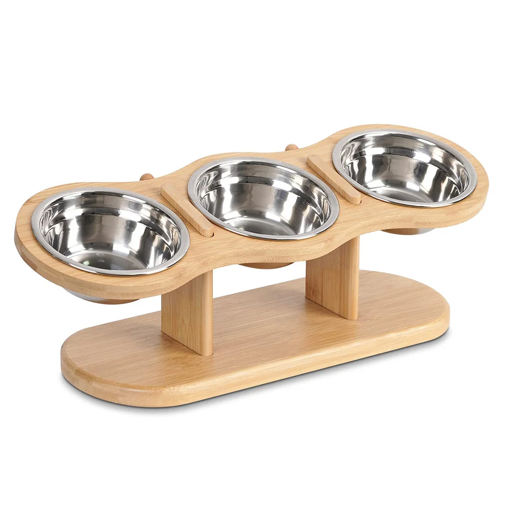 Elevated Dog Bowls Raised 15 Degree Pet Bowls for Cats Small Dogs Raised Wooden Dog Food Feeder with 3 Stainless Steel Pet Bowls