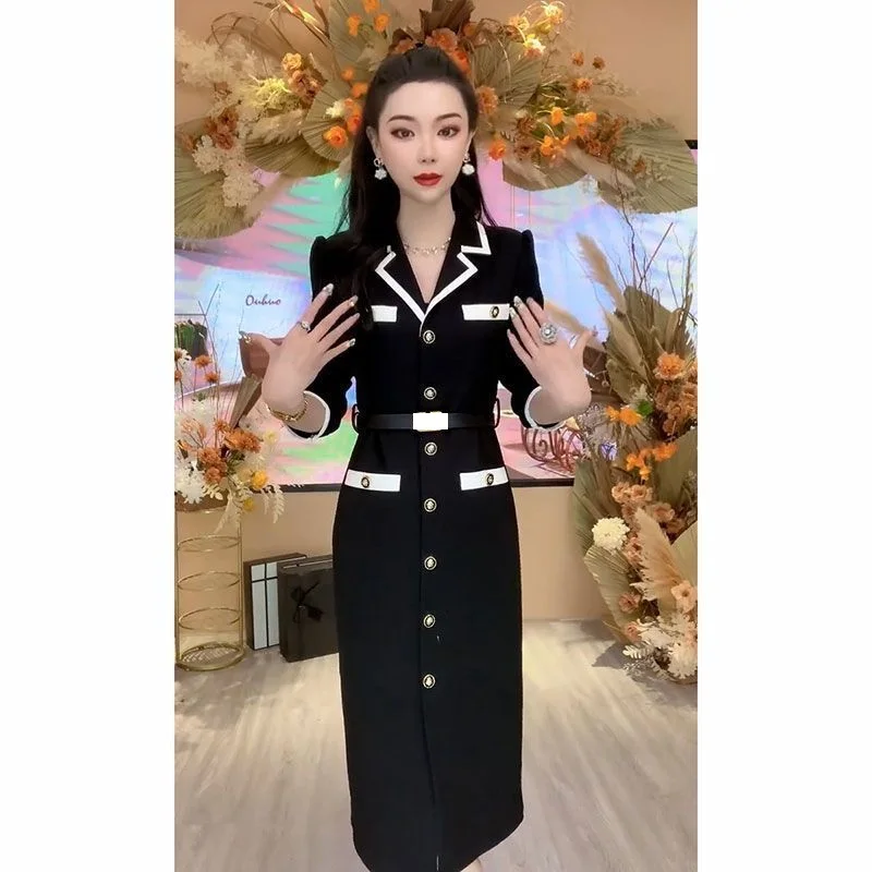 Women Fashionable New Button Decoration Small Fragrant Autumn Long Sleeve Dress Light Luxury High Waist Thin Mid length Dress