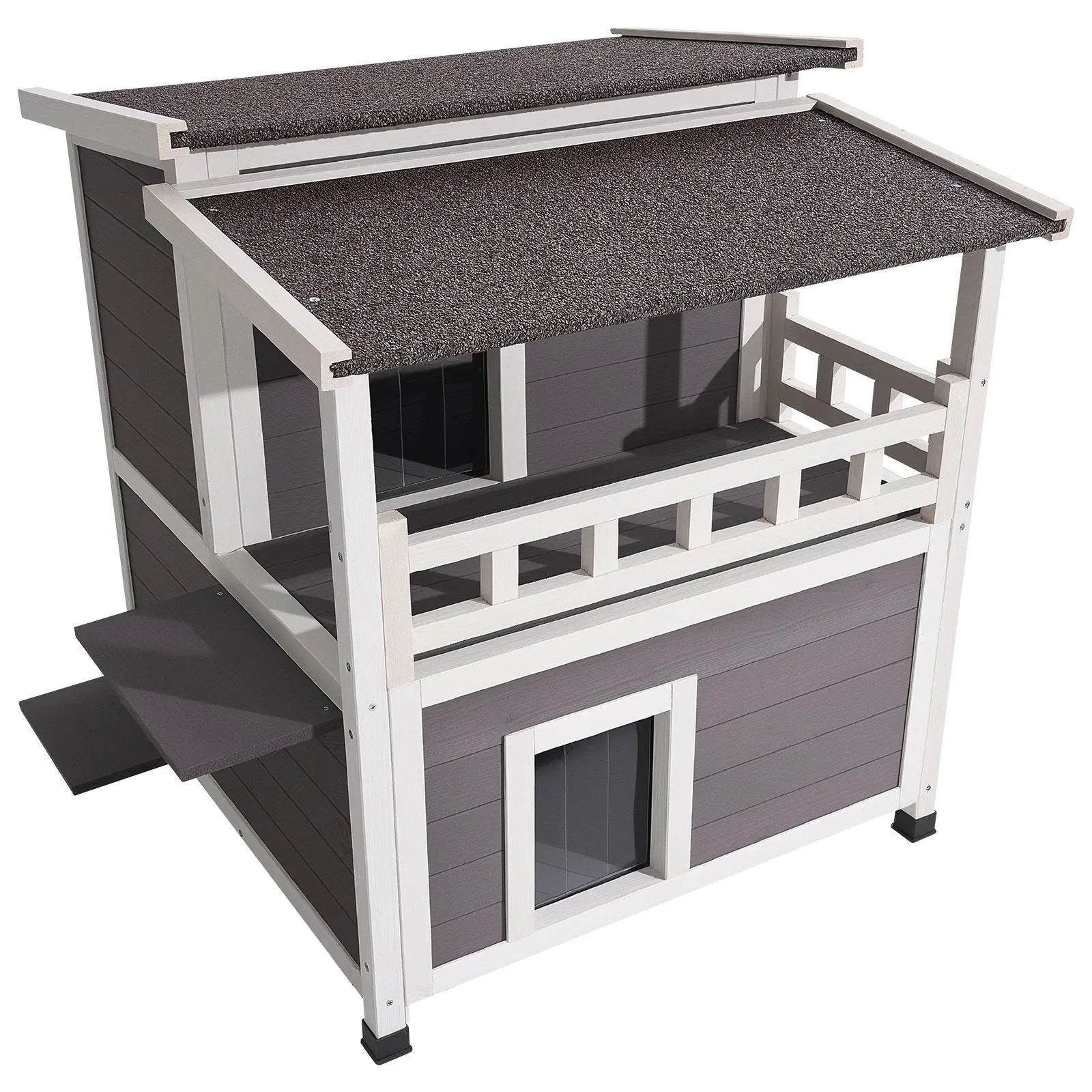 Insulated Cat House, 2-Story Wooden Cat Shelter, Foam Insulation, Feral Kitty Shelter with Balcony, Waterproof Cats Condos for I
