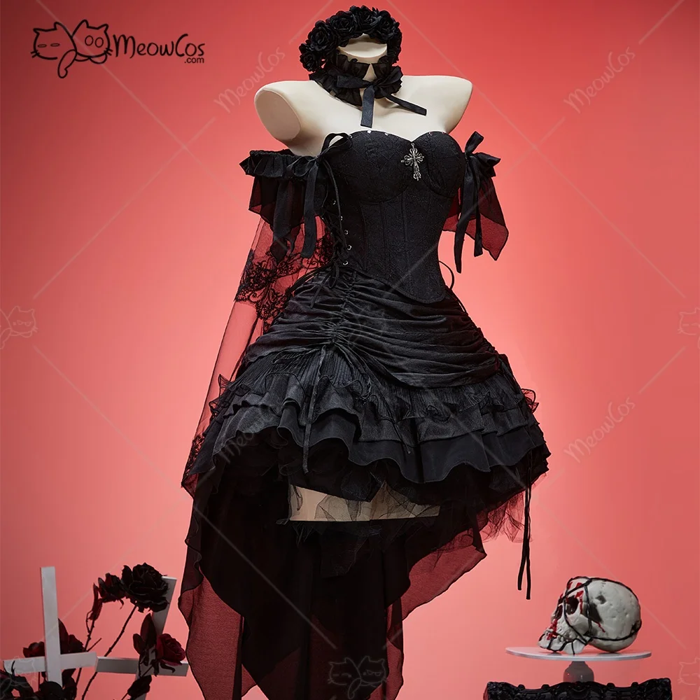 

MEOWCOS Women's Miss Misa Gothic Black Bride Dress Set Lace-up Top and Layered Skirt with Hairband and Choker Halloween Cosplay