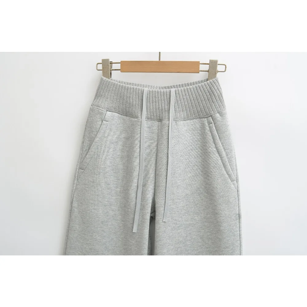 Fashion Women Combination Fleece Wide Leg Pants with Ribbed Drawstring Waistband Winter Loose Sweatpants Comfy Baggy Track Pants