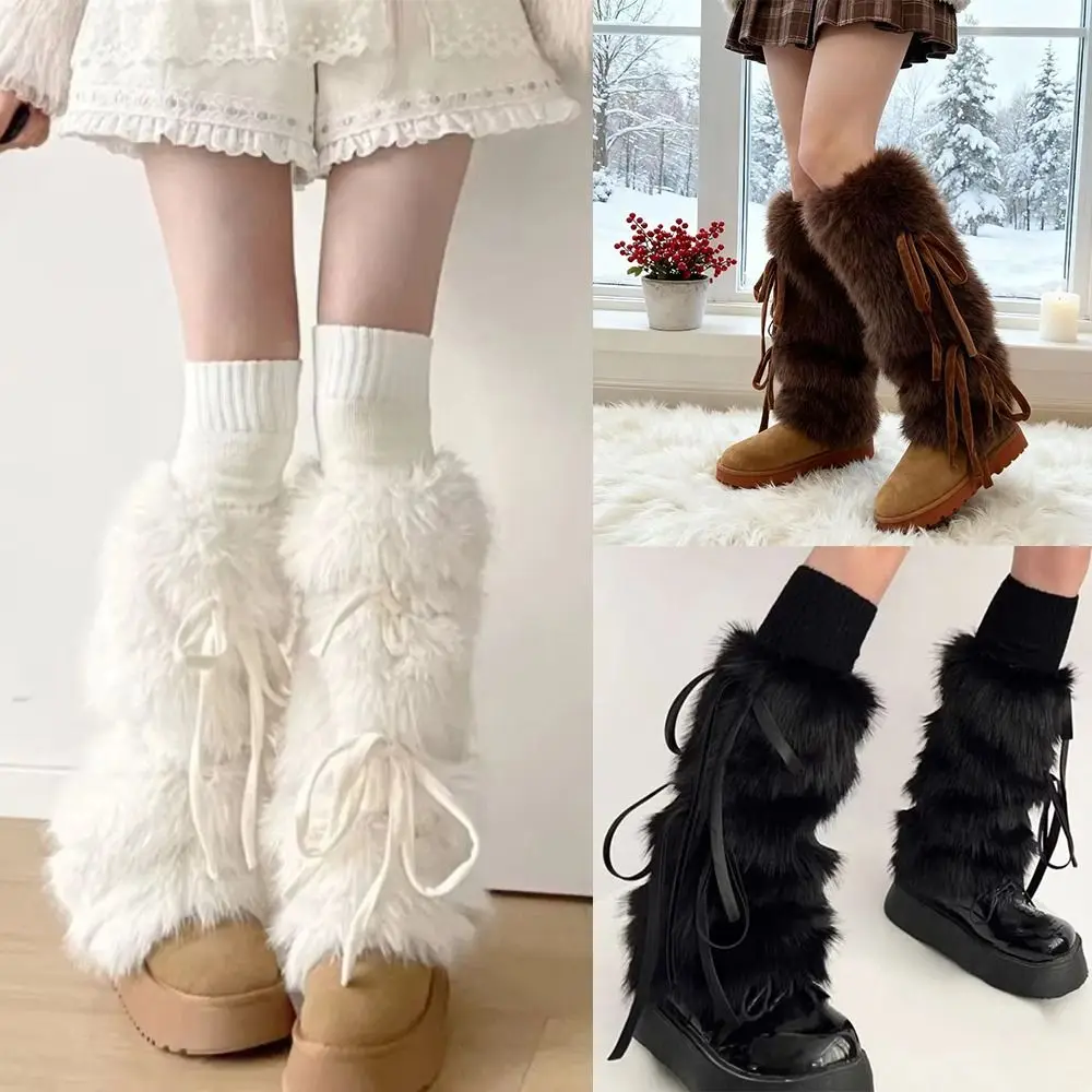

New Fuzzy Boot Cuffs Winter Warm Bowknot Ribbon Boot Cover Thickened Leg Warmers Sweet Harajuku Style