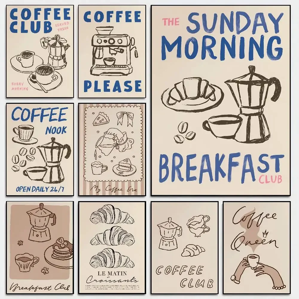 Cafe Breakfast Coffee Retro Poster Self-adhesive Art Room Entrance Restaurant Wall Decor Art Painting