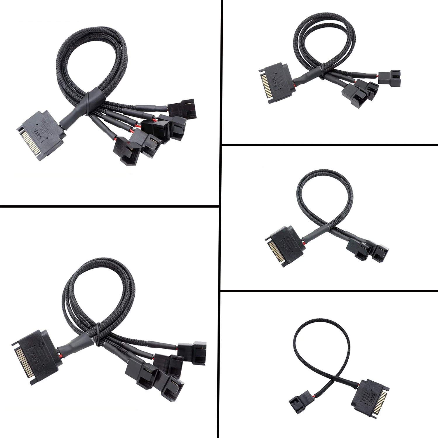 SATA to 2 (3 / 4 / 5) X 4pin Fan Power Adapter Cable Black Sleeved Computer Cooling Fans from an ATX 15-Pin SATA Power Connector