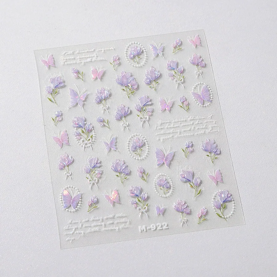 1pc Nail Art Decoraties Stickers Nagelsticker Paars Magnolia Bloem Retro Frans Chic Vlinder Tulp Boeket Glanzende lijm