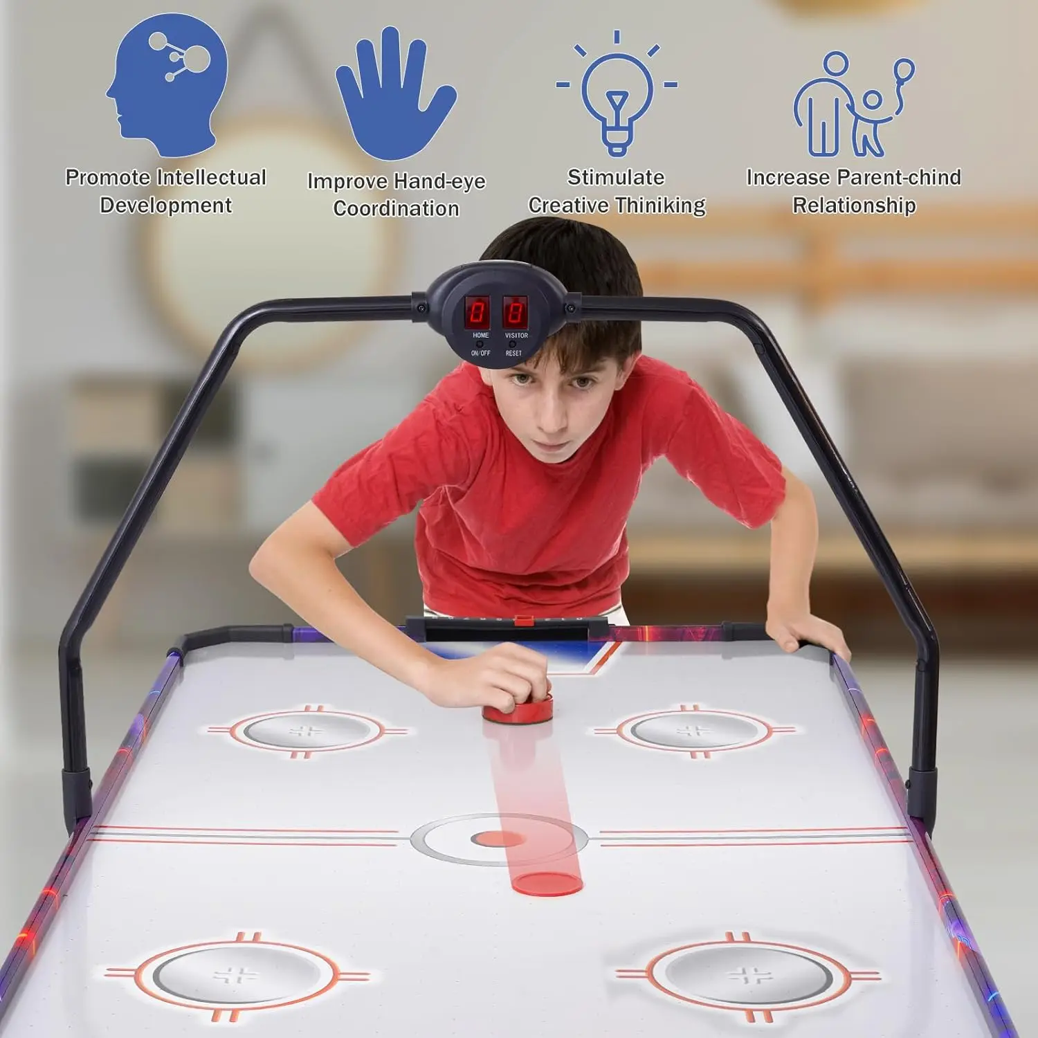 Portable Hockey Game Table for Kids and Adults, Indoor Electric Game Table w/ 2 Pucks, 2 Pushers, Powerful Mot