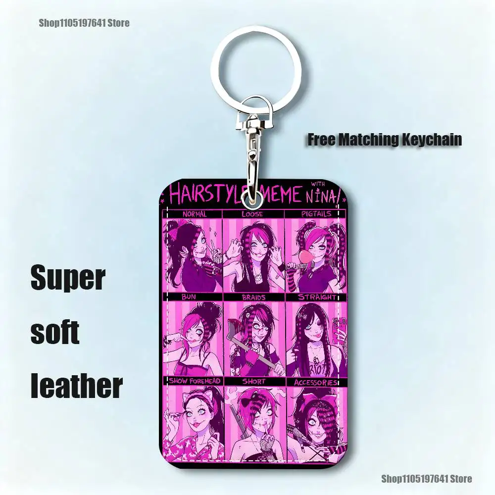 C-Creepypasta Killer N-Nina Pattern PU Leather Card Holder Keychain Key Ring Door Lock Access Tags ID Card Case Keychain Card