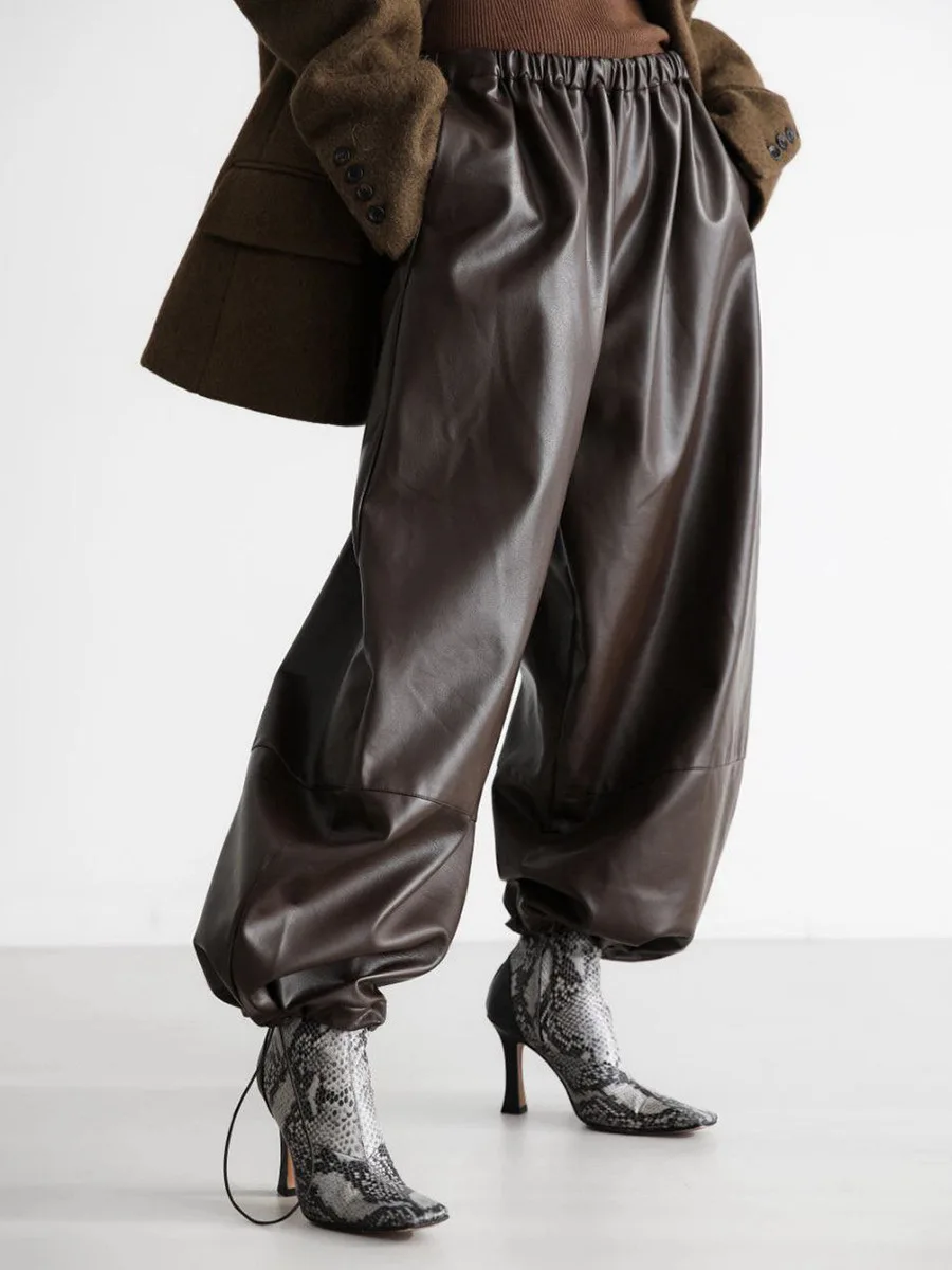 New Women Autumn Winter PU Leather Pants Drawstring Ankle Cuffed Loose Retro Lantern Trousers Casual Ladies Bottoms