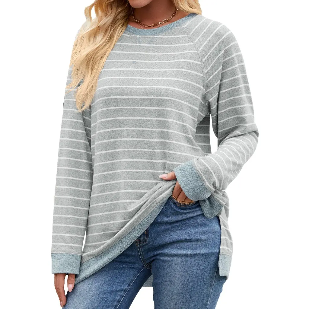 

Women's Loose Casual Striped T-shirt round Neck Long Sleeve Color Contrast Design for Autumn Winter Fashion