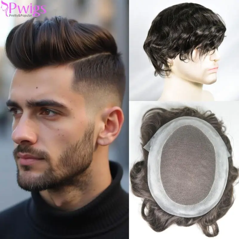 Pwigs Men's Toupee Durable PU Skin Base with Soft French Lace Hairpiece 100% Human Hair Toupee for Men 2# Dark Brown Hair System