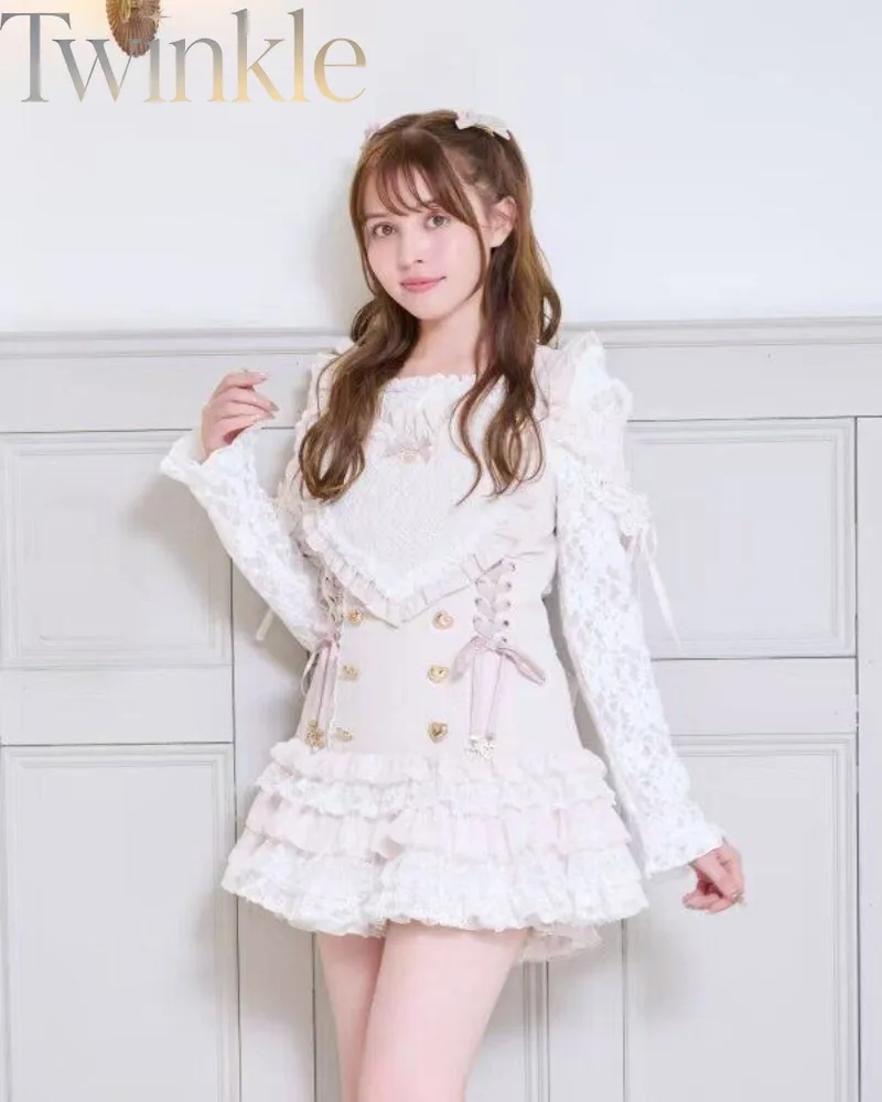 Ryousangata Dress and Shorts Set Liz Lisa Style Bow Cinched Waist Lace Sweet Kawaii Himekaji Girl Women Two Piece