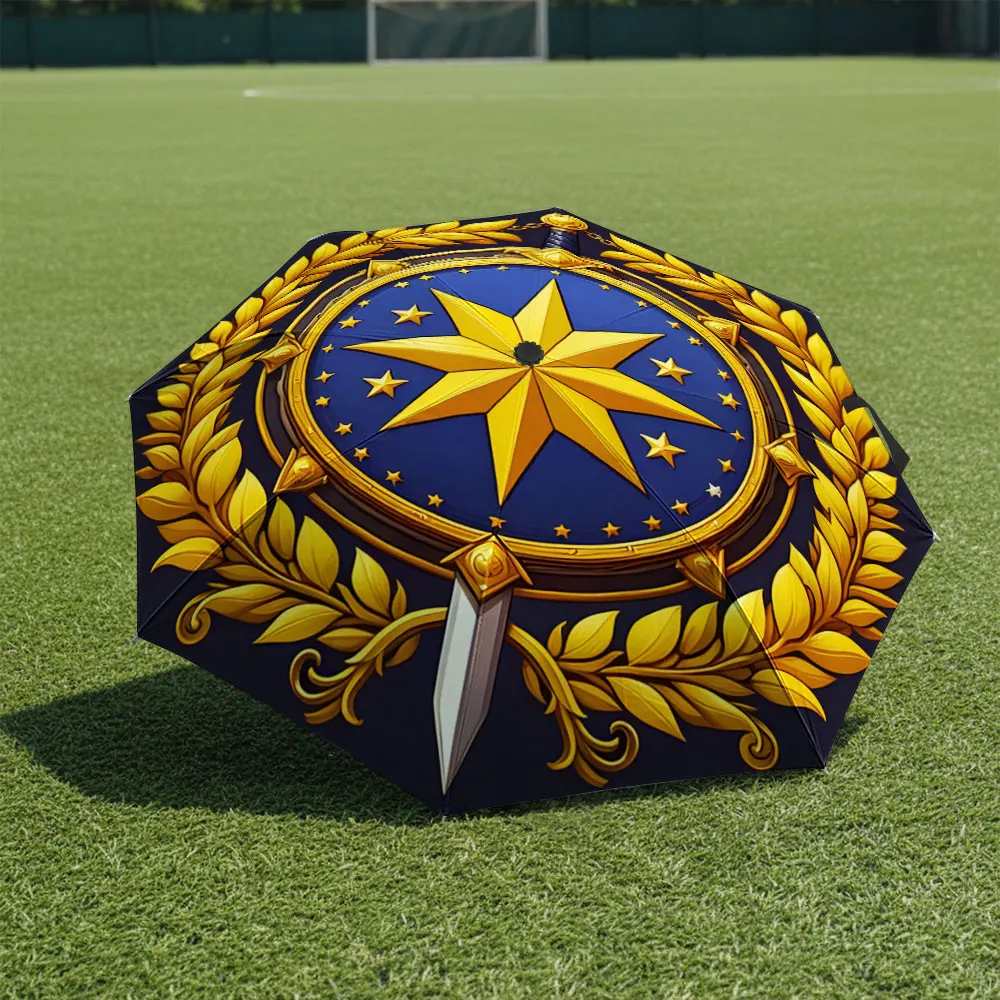 1P C Golden Star Emblem Umbrella with Elegant Design Print 8 Iron Ribs Folding Umbrella Auto-Open Fashion Sunshade