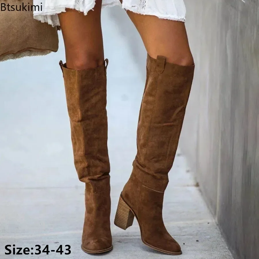 

New 2025 Women's Suede Knee High Boots Ladies Pointed Toe Tall Boots Retro Roman High Heels Shoes Female Autumn Winter Long Boot