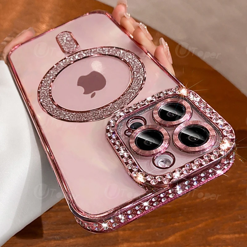 Fashion Girl Pink Crystal Glitter Transparent Magnetic Case For iPhone 15 11 12 13 14 Pro Max Wireless Charging Diamond Cover