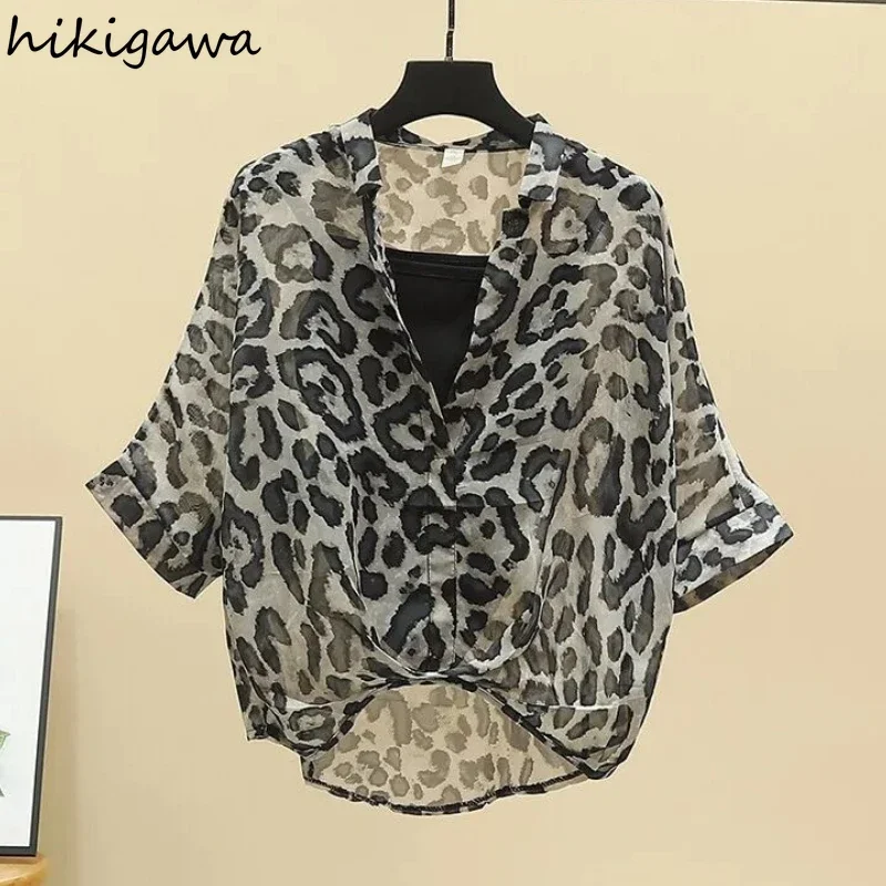 2024 Blusas Mujer De Moda Chiffon Shirts Sets Fashion Sexy Leopard V-neck Blouses Tunic Vest Suit Temperament Summer Loose Tops