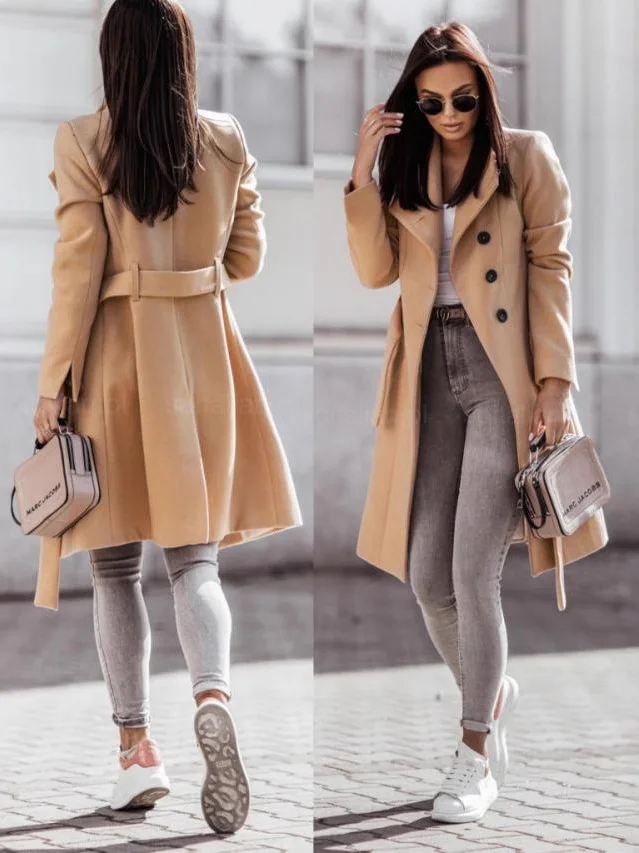 Abrigo de Lana para Mujer Otoño-Invierno, Color Liso, con Cinturón, Largo Medio, Prenda Exterior de Moda Casual, Grueso, con ...