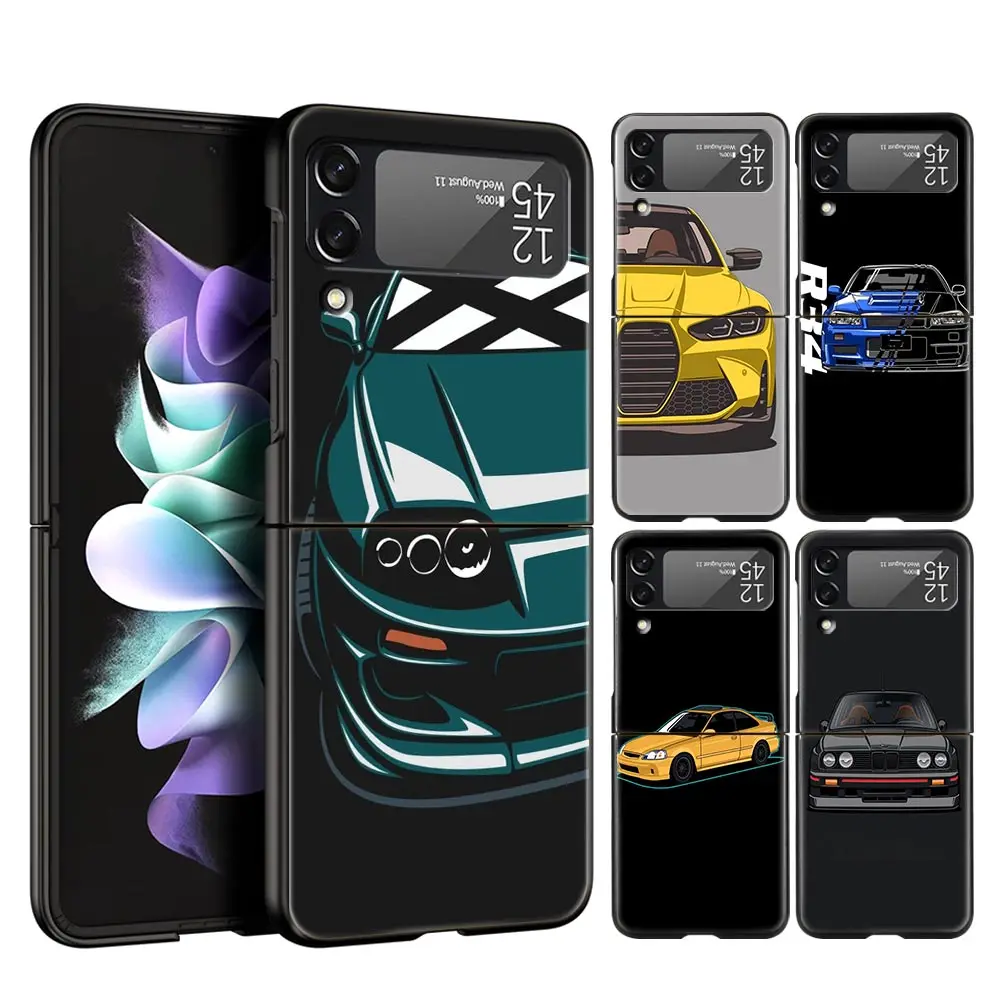 Phone Case For Samsung Galaxy Z Flip 3 4 5 Hard Black Folding PC Luxury For Samsung Z Flip3 Cover JDM Type R Civic Sport Car