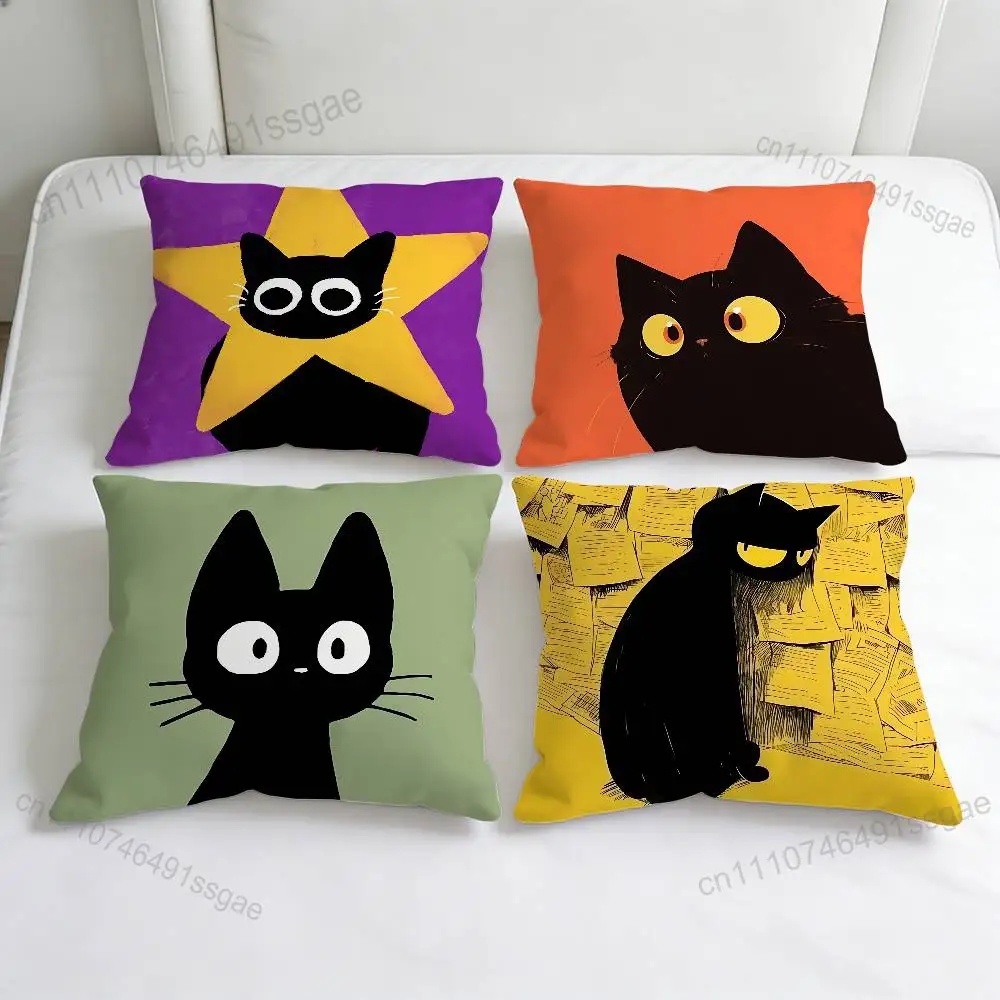 Cartoon D-Drawing Black Cat Decorative Square Pillow Cover Soft & Comfortable Pillow Case Sofa Bed Home Decoration