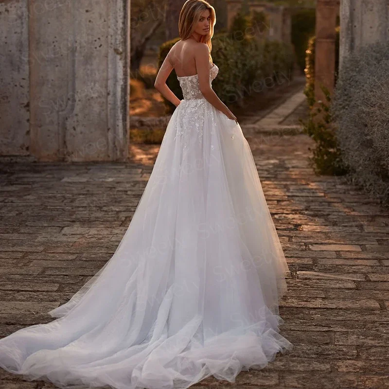 Off The Shoulder Wedding Dress Organza With Embroidery Lace Sexy Slit A Line Sleeveless Strapless Bride Zipper Vestido De Novia