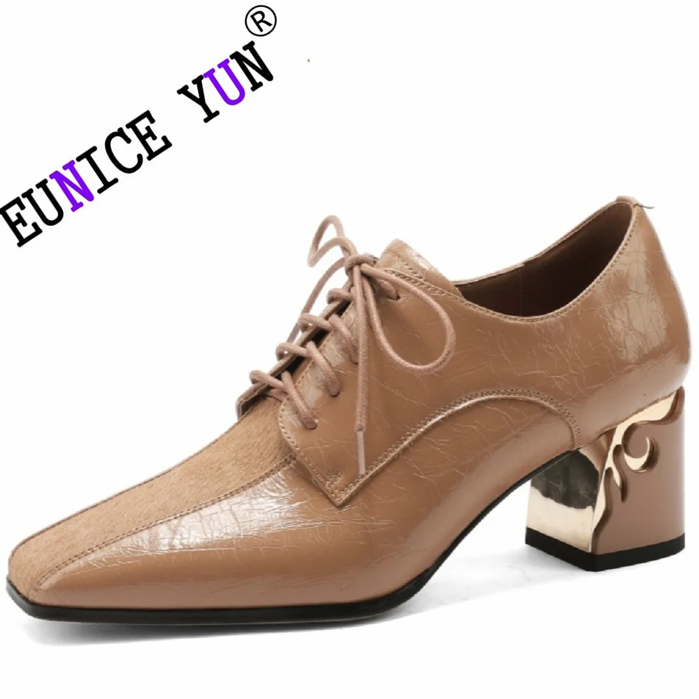 

【EUNICE YUN】Women's High Heels Oxfords Shoes Genuine Leather Elegant Lace-up Party Office Shoes Ladies Comfortable Loafers 34-43