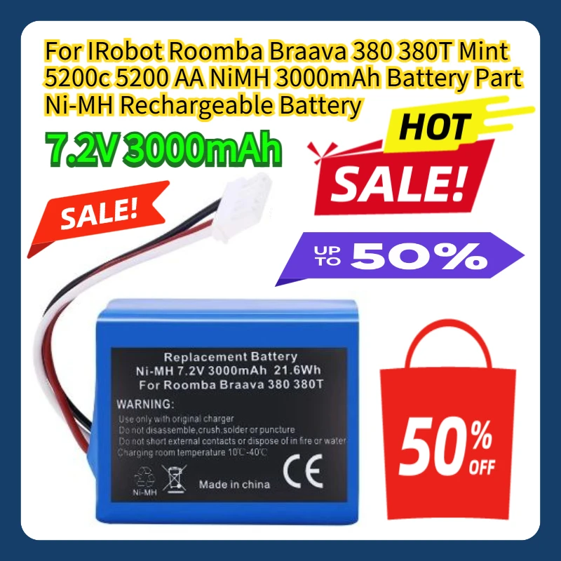 

For IRobot Roomba Braava 380 380T Mint 5200c 5200 AA NiMH 3000mAh Battery Part 7.2V 3000mAh Ni-MH Rechargeable Battery