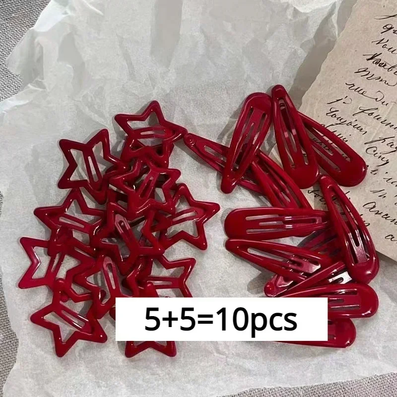 10Pcs Red Star Snap Hair Clips for Girls, Waterdrop Barrettes Black Silver Hairpins, Kawaii BB Hair Clips Women Hair Accessories