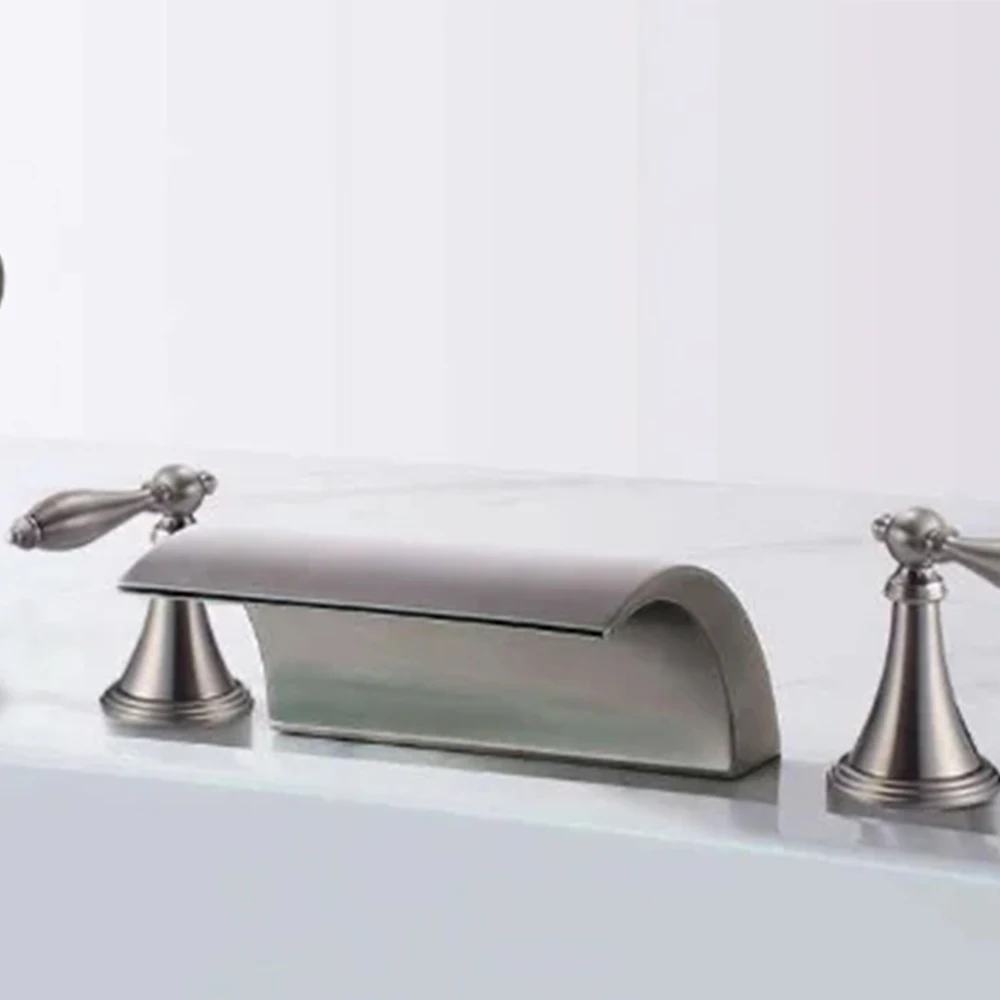 SKOWLL European Retro Bathtub Faucet Set - 4-Pc, Brushed Nickel & Polished, Waterfall Spout, Split Deck Mount, Hot & Cold