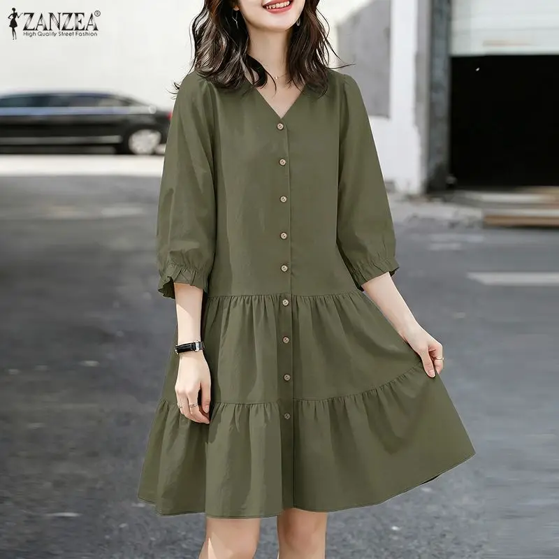 ZANZEA Damen Minimalistisches Lässiges Stufenkleid mit 3/4 Puffärmeln, Knopfleiste, V-Ausschnitt, Knielang, Sommer 2026, A-Linien-Kleid
