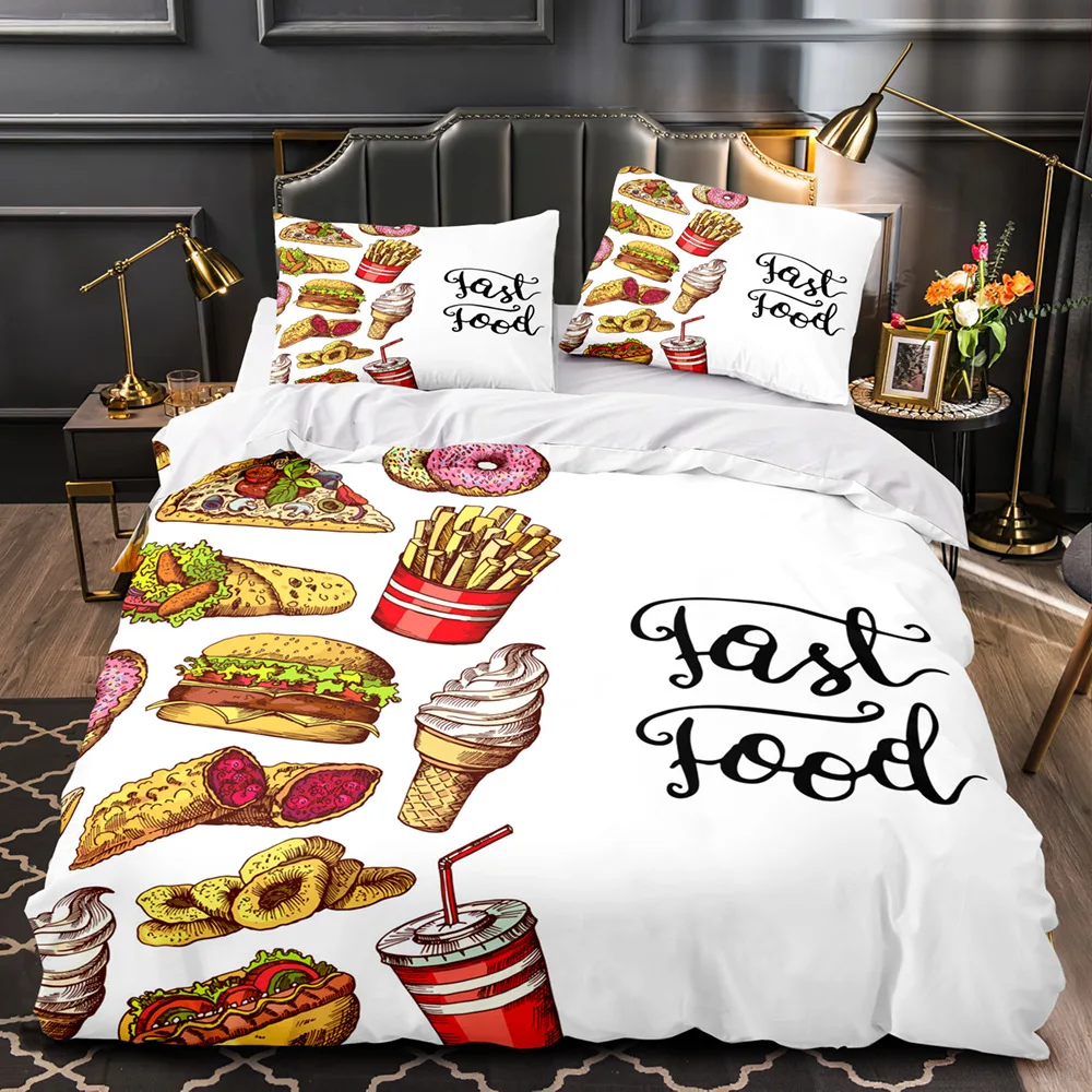 Cartoon Foods King Queen Duvet Cover Delicious Chip Pie Bedding Set for Kid Teen American Fast Food 2/3pcs Polyester Quilt Cover