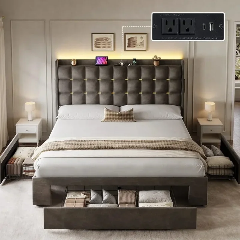 Queen Size Velvet Upholstered Bed Frame with LED, 3 Storage Drawers, Charging Station & Storage Headboard