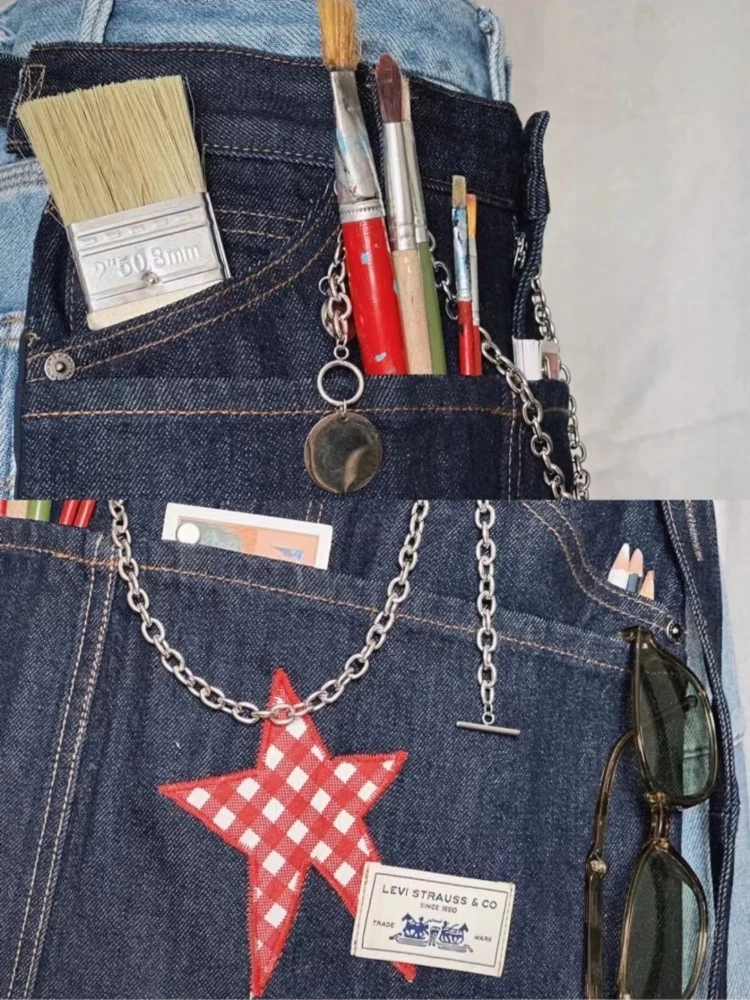 حزام نسائي من قماش الدنيم المغسول بتصميم عتيق - تنورة مريلة مكونة من 5 جيوب مع زينة على شكل نجمة متباينة |   Y2K ملابس الشارع والطبقات الأساسية